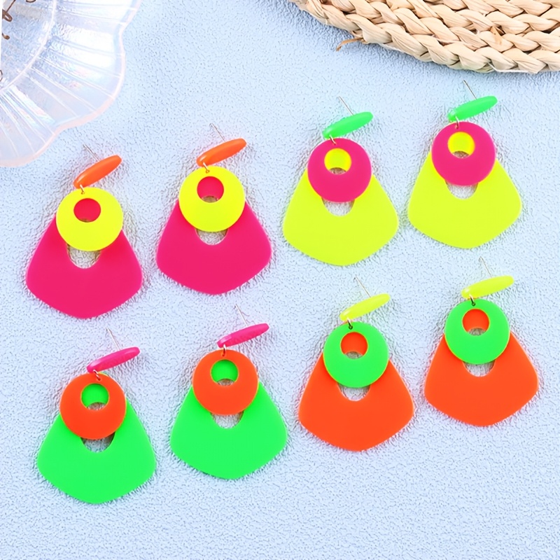 2pcs Geometric Color-Block Long Acrylic Drop Earrings